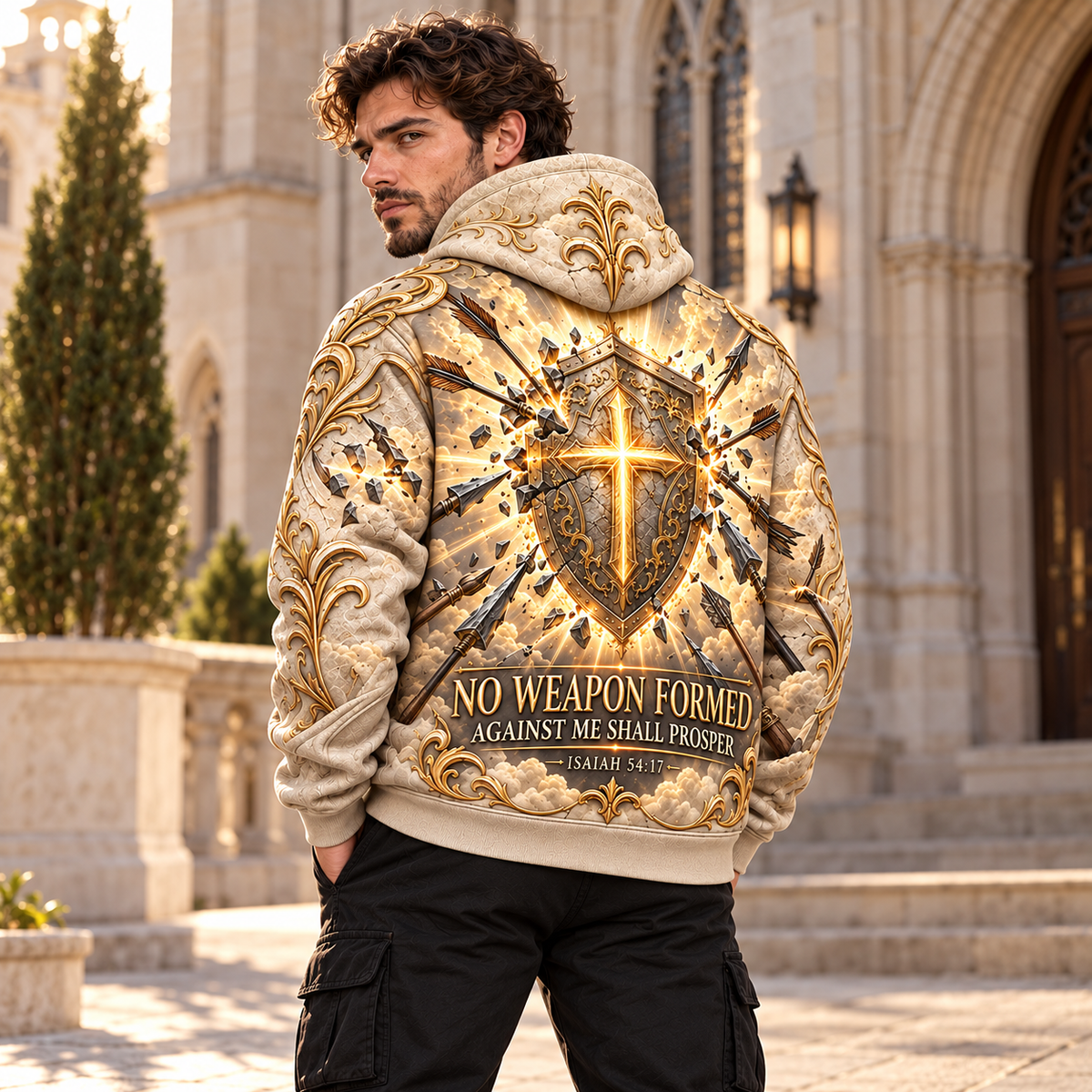 No Weapon Formed Heavenly Armor Christian Hoodie – Ivory & Gold