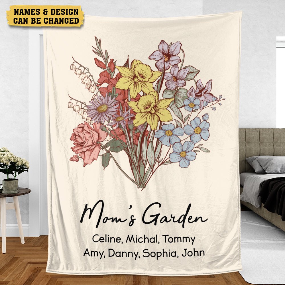 Mom Grandma's Garden Birth Month Flower Bouquet - Personalized Blanket - Best Gift For Mother, Grandma - Giftago