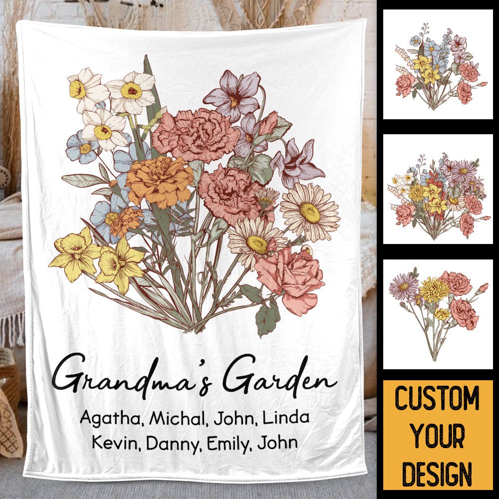 Mom Grandma's Garden Birth Month Flower Bouquet - Personalized Blanket - Best Gift For Mother, Grandma - Giftago