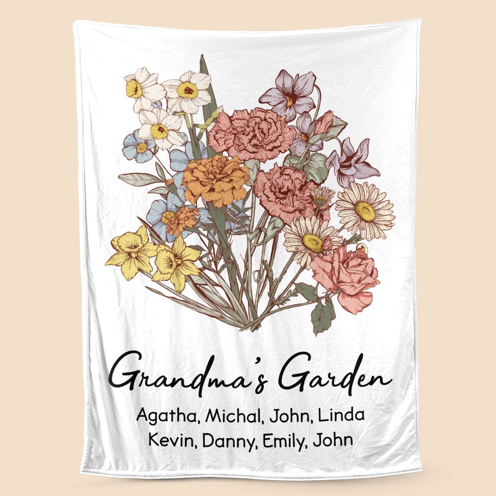 Mom Grandma's Garden Birth Month Flower Bouquet - Personalized Blanket - Best Gift For Mother, Grandma - Giftago