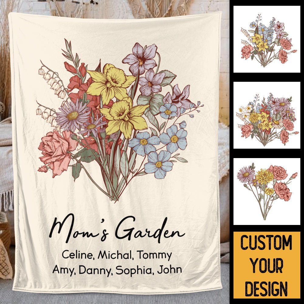 Mom Grandma's Garden Birth Month Flower Bouquet - Personalized Blanket - Best Gift For Mother, Grandma - Giftago