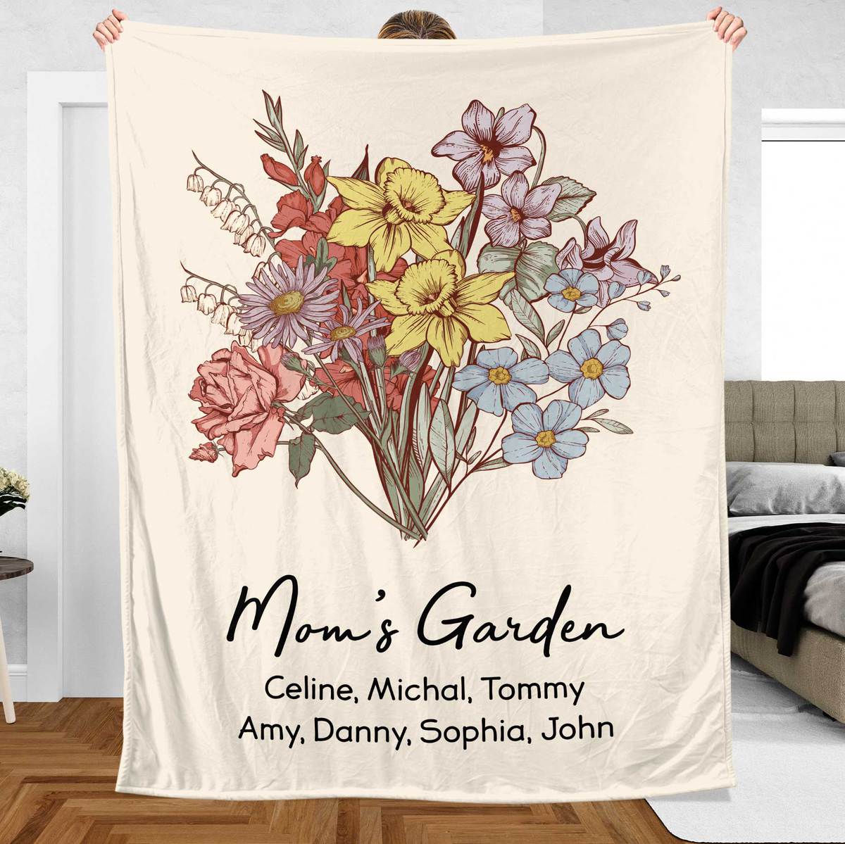 Mom Grandma's Garden Birth Month Flower Bouquet - Personalized Blanket - Best Gift For Mother, Grandma - Giftago