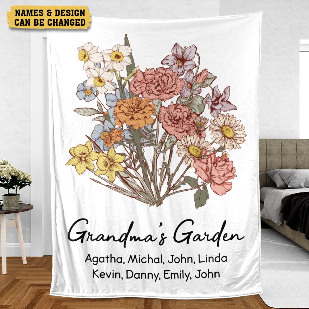 Mom Grandma's Garden Birth Month Flower Bouquet - Personalized Blanket - Best Gift For Mother, Grandma - Giftago