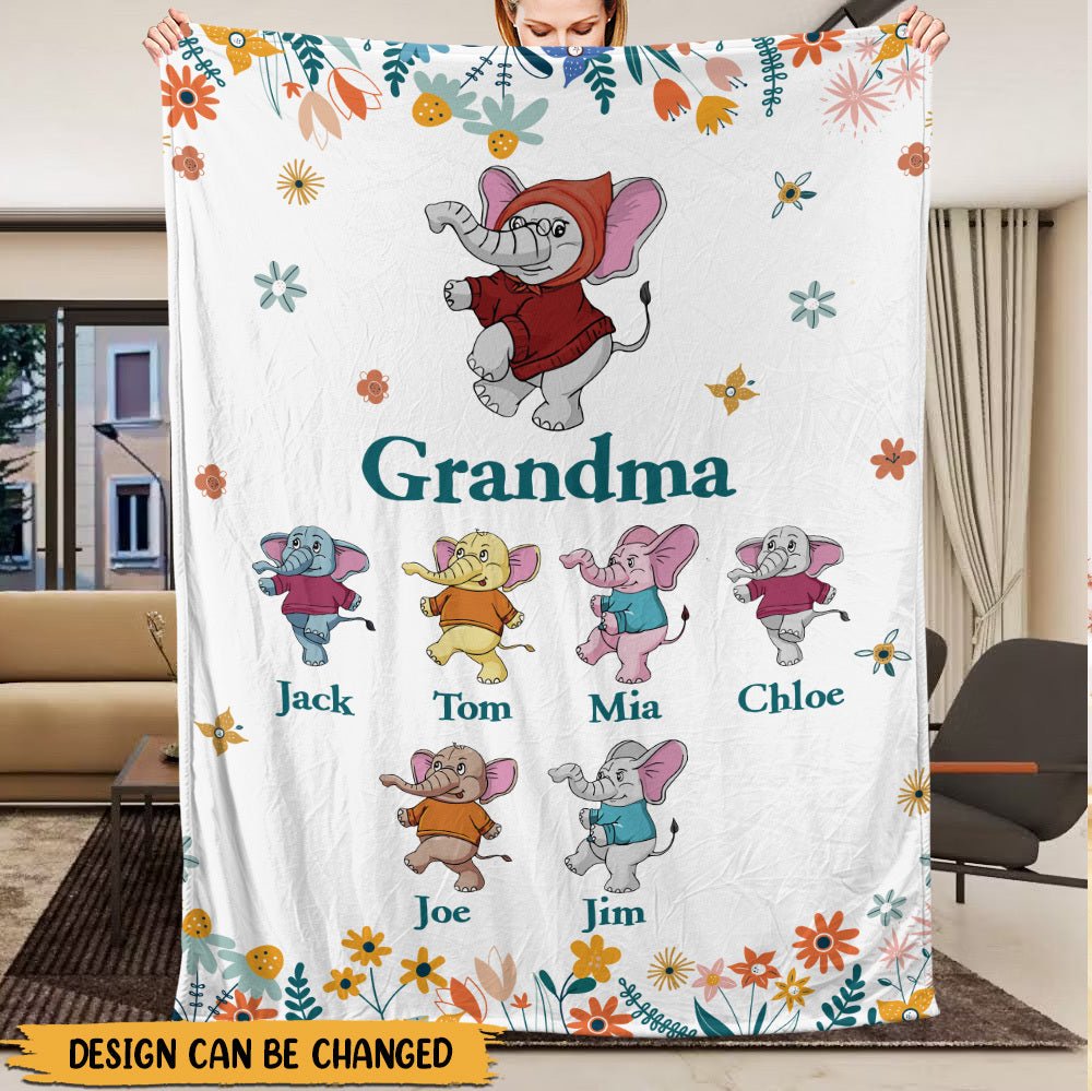 Mom/Grandma Elephant Cute Flowers - Personalized Blanket - Best Gift For Mother, Grandma - Giftago