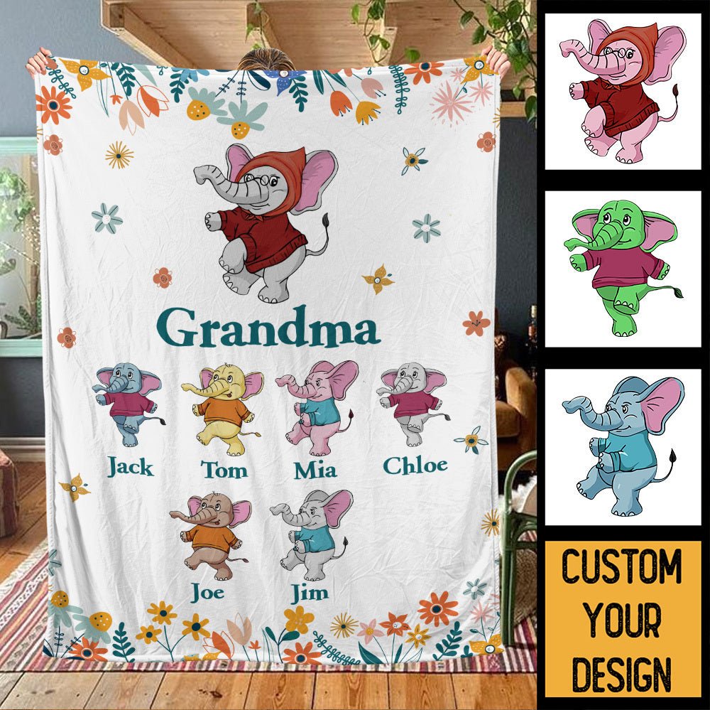 Mom/Grandma Elephant Cute Flowers - Personalized Blanket - Best Gift For Mother, Grandma - Giftago