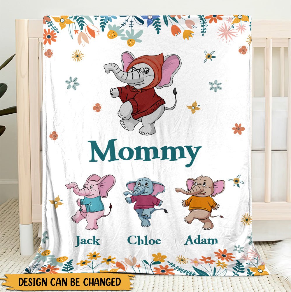 Mom/Grandma Elephant Cute Flowers - Personalized Blanket - Best Gift For Mother, Grandma - Giftago