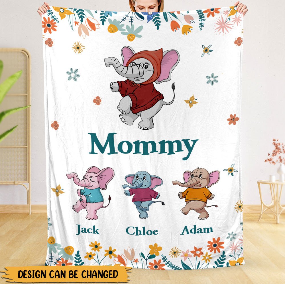 Mom/Grandma Elephant Cute Flowers - Personalized Blanket - Best Gift For Mother, Grandma - Giftago
