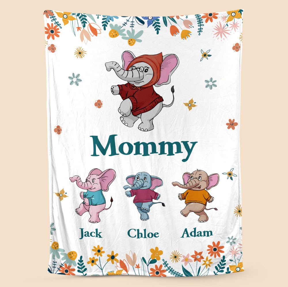 Mom/Grandma Elephant Cute Flowers - Personalized Blanket - Best Gift For Mother, Grandma - Giftago