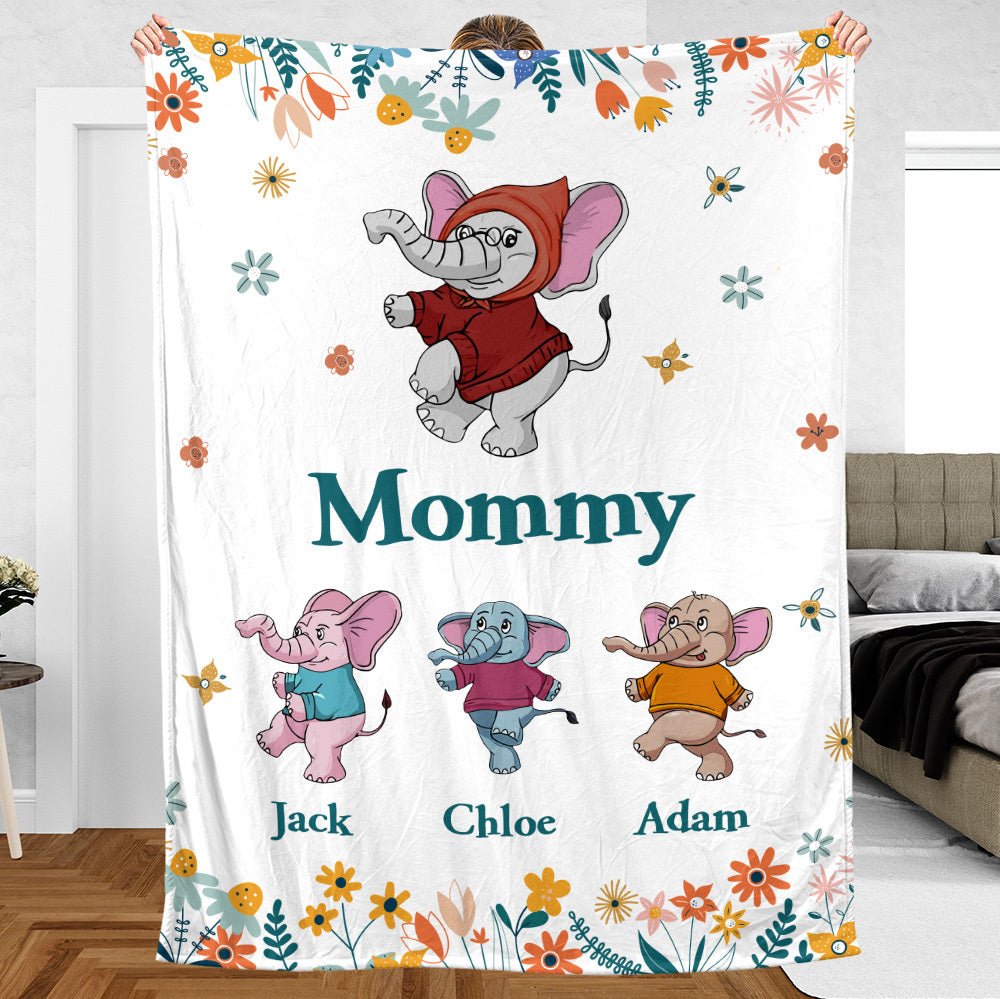 Mom/Grandma Elephant Cute Flowers - Personalized Blanket - Best Gift For Mother, Grandma - Giftago
