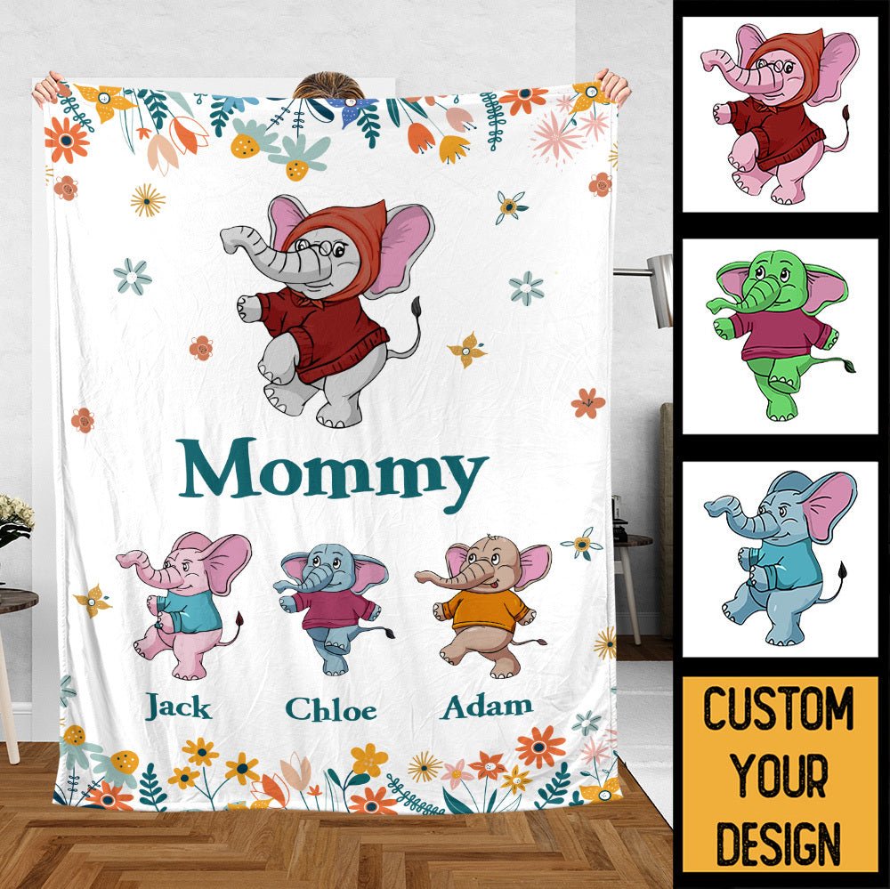 Mom/Grandma Elephant Cute Flowers - Personalized Blanket - Best Gift For Mother, Grandma - Giftago