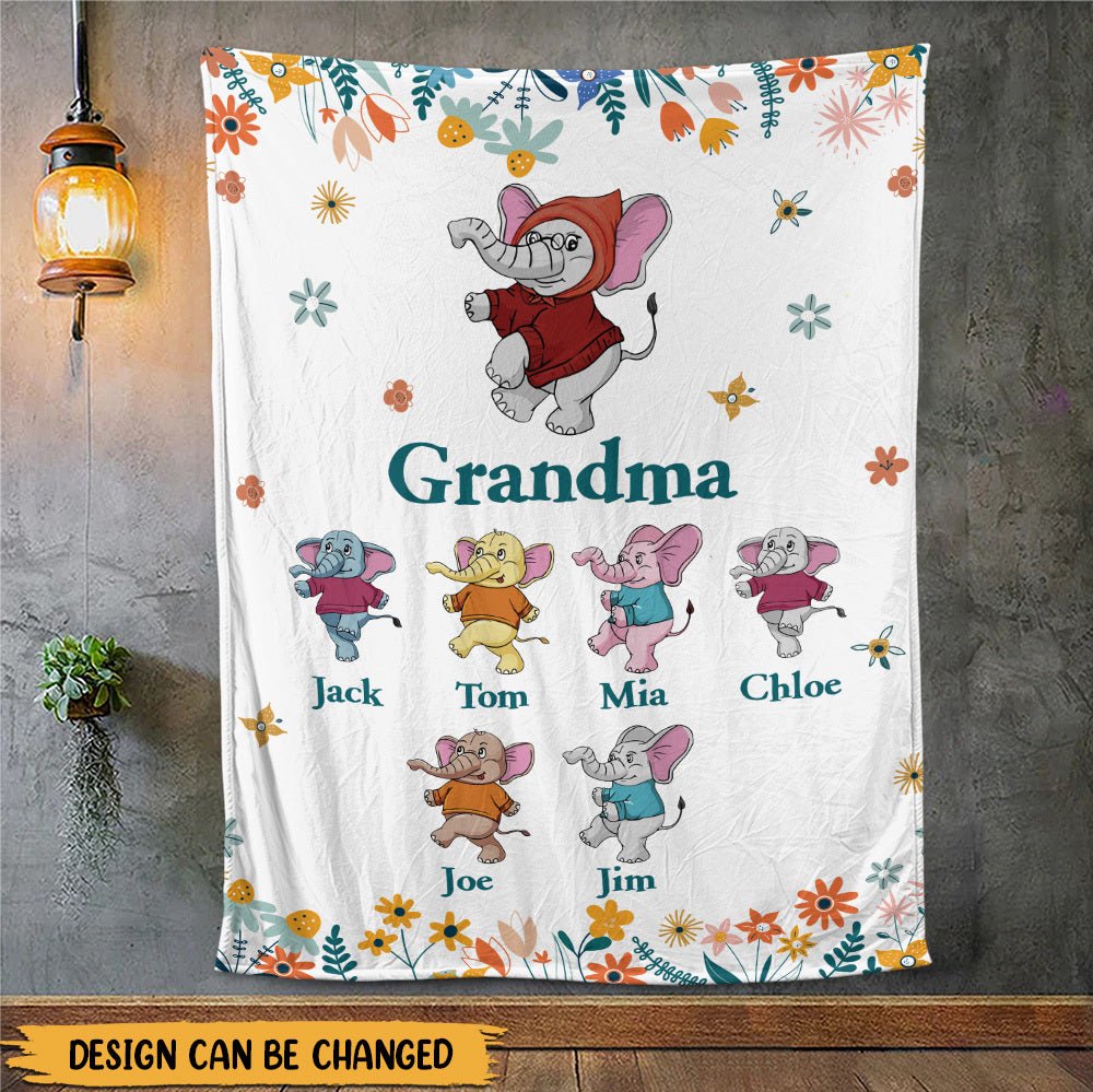 Mom/Grandma Elephant Cute Flowers - Personalized Blanket - Best Gift For Mother, Grandma - Giftago