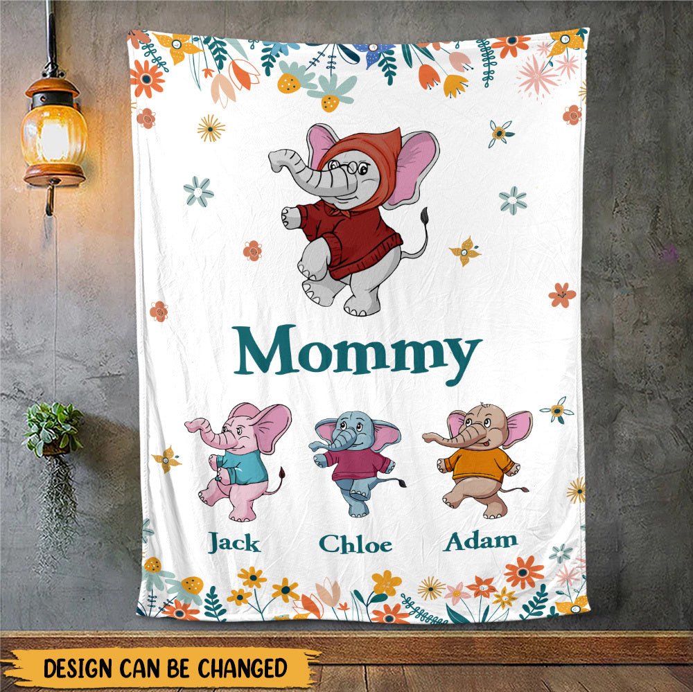 Mom/Grandma Elephant Cute Flowers - Personalized Blanket - Best Gift For Mother, Grandma - Giftago