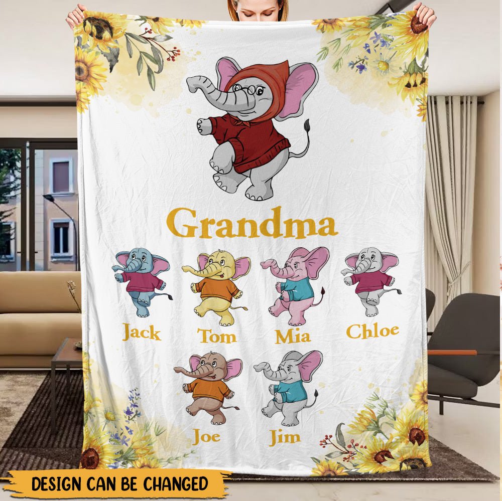 Mom/Grandma Elephant Sunflower - Personalized Blanket - Best Gift For Mother, Grandma - Giftago