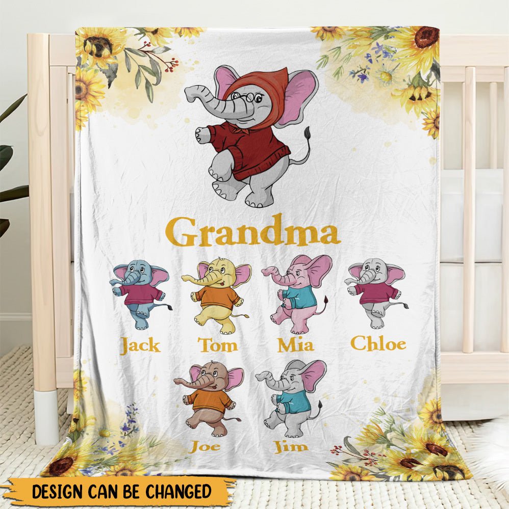 Mom/Grandma Elephant Sunflower - Personalized Blanket - Best Gift For Mother, Grandma - Giftago
