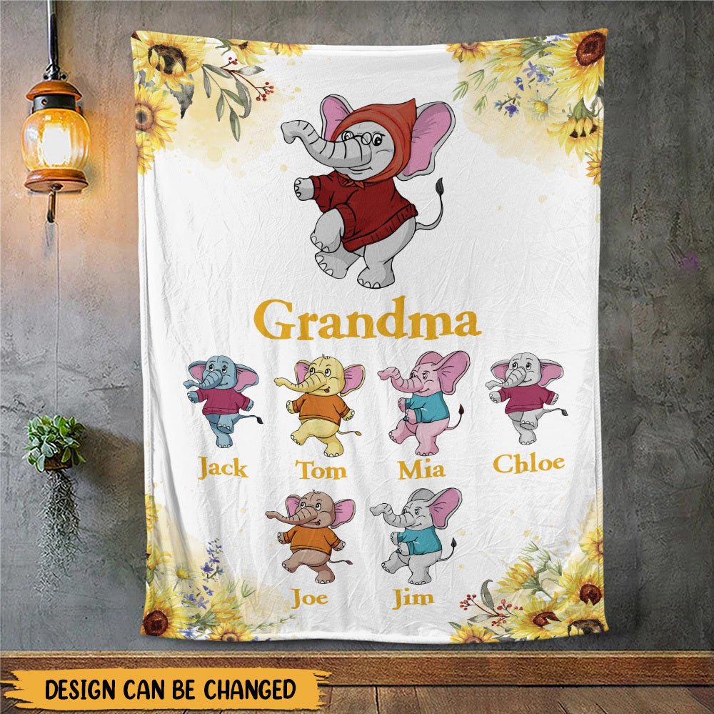 Mom/Grandma Elephant Sunflower - Personalized Blanket - Best Gift For Mother, Grandma - Giftago