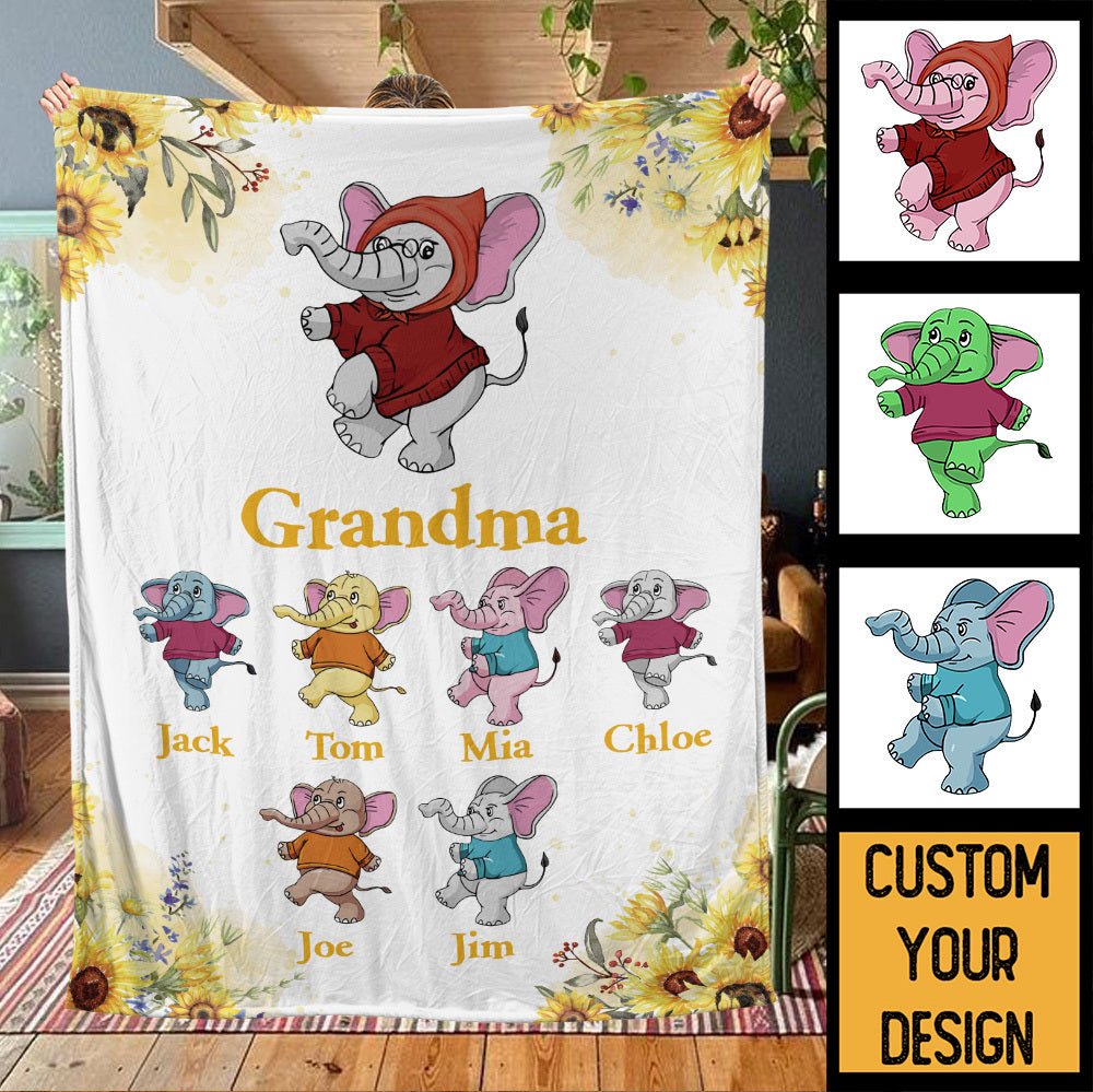 Mom/Grandma Elephant Sunflower - Personalized Blanket - Best Gift For Mother, Grandma - Giftago