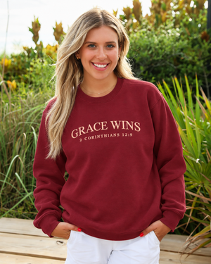 Grace Wins Embroidered Sweatshirt – 2 Corinthians 12:9