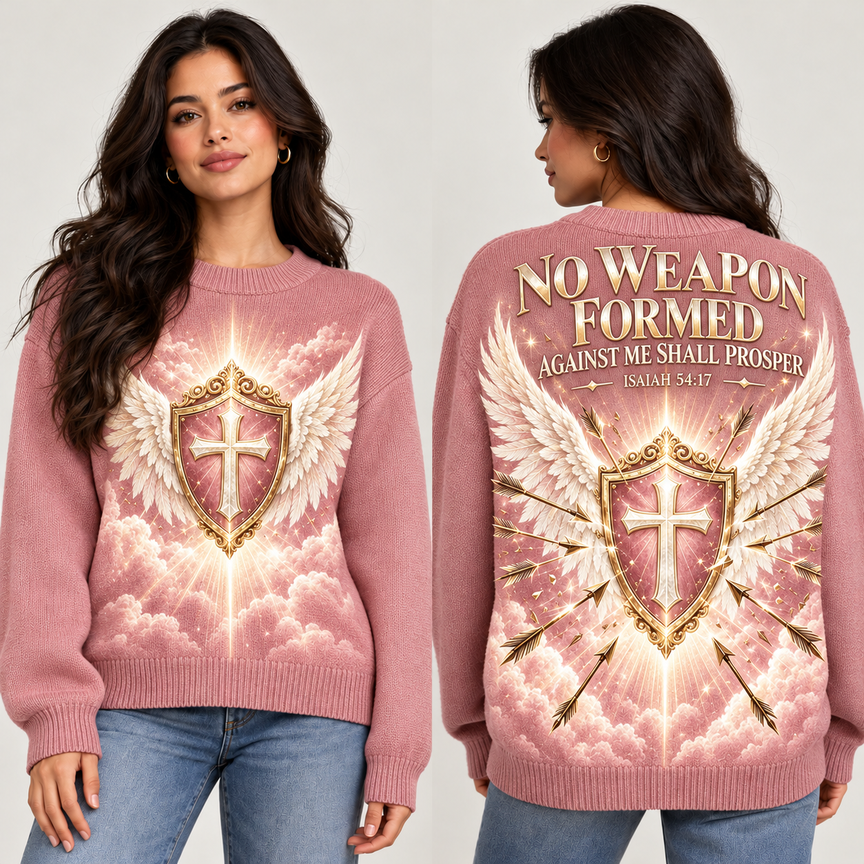 Blush Pink No Weapon Formed Women’s Wool Sweater – Isaiah 54:17