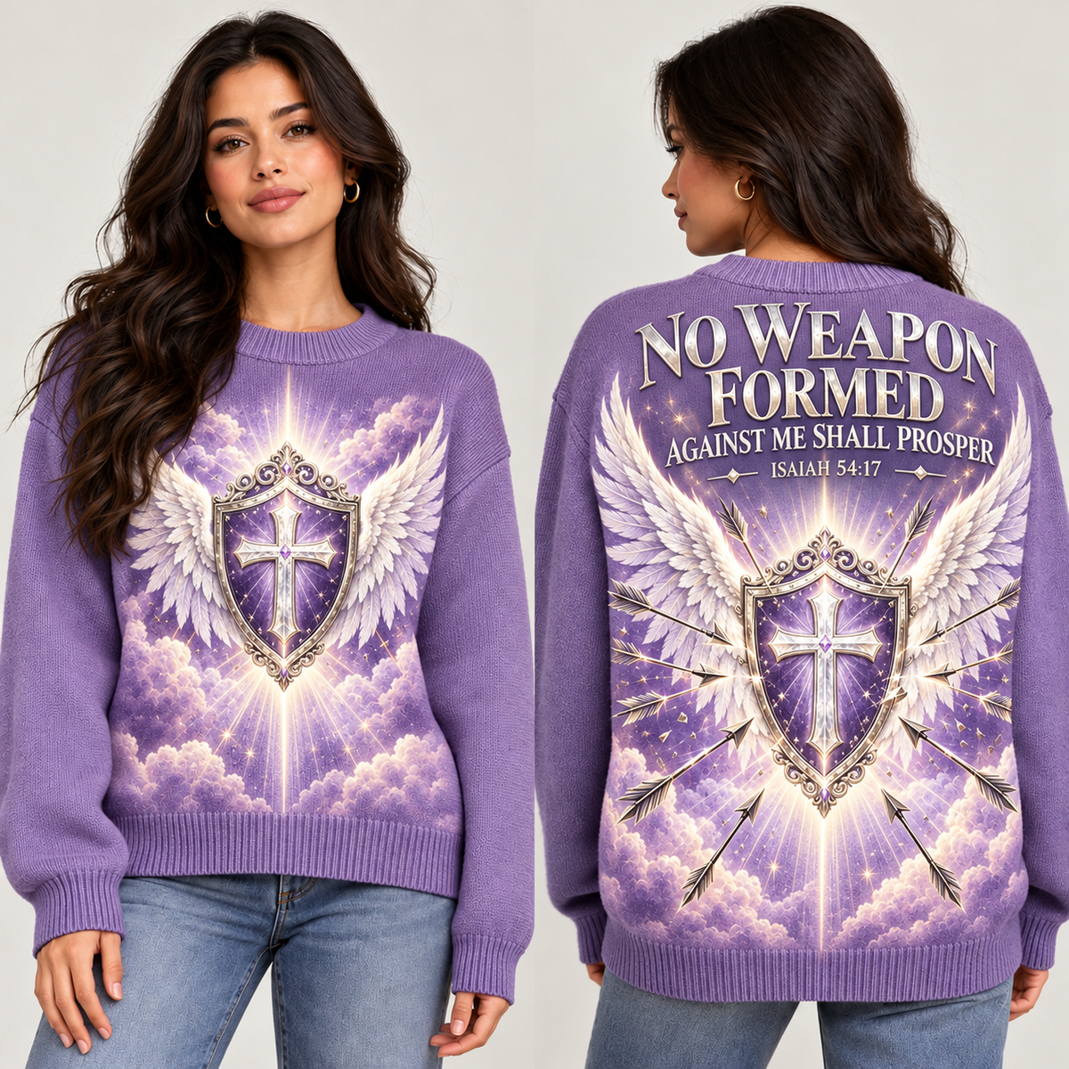 Lavender No Weapon Formed Women’s Wool Sweater – Isaiah 54:17