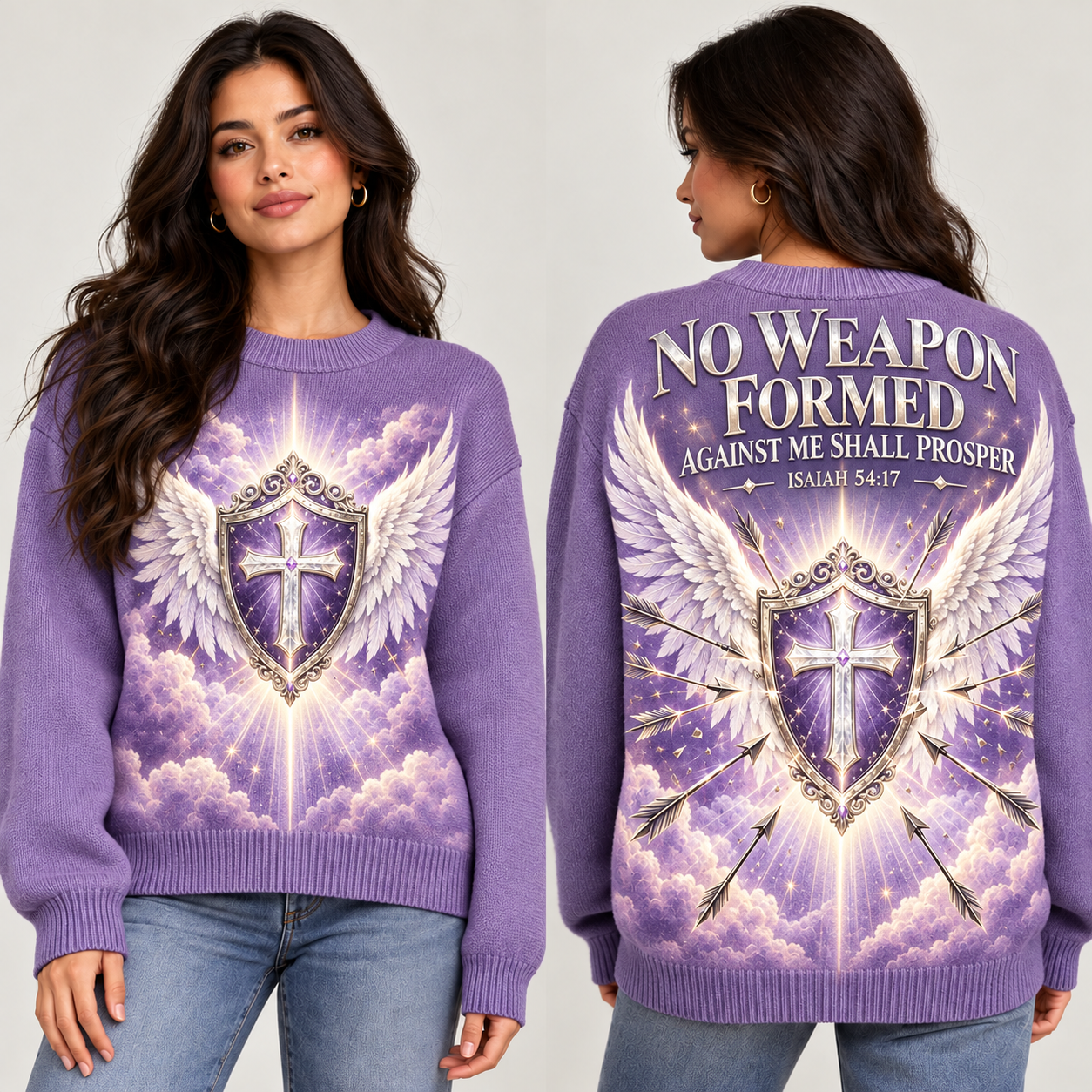 Lavender No Weapon Formed Women’s Wool Sweater – Isaiah 54:17