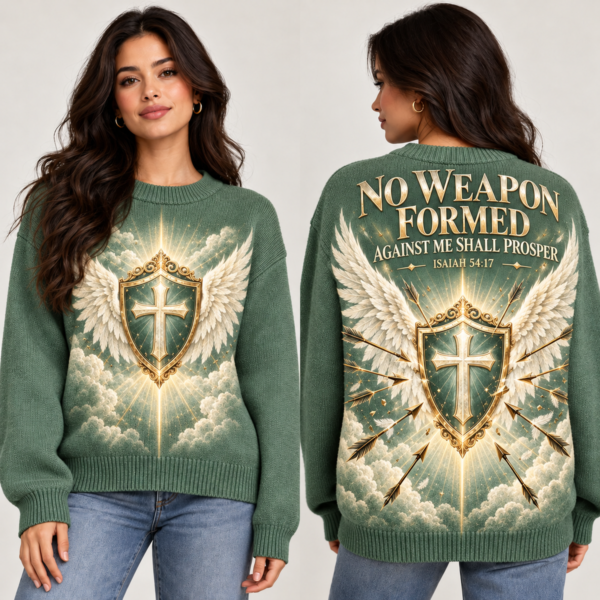 Sage Green No Weapon Formed Women’s Wool Sweater – Isaiah 54:17