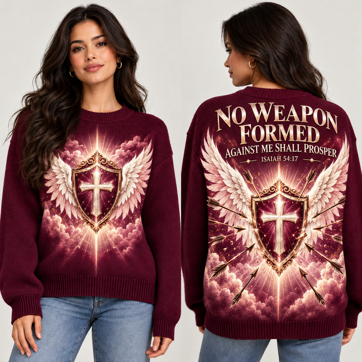 Burgundy No Weapon Formed Women’s Wool Sweater – Isaiah 54:17