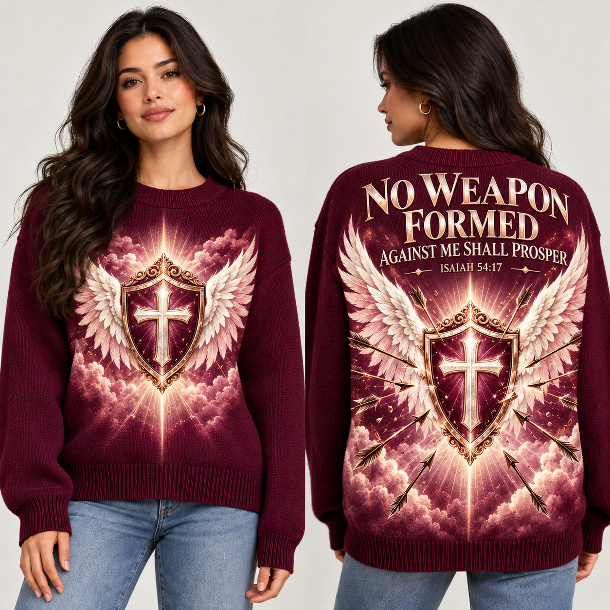 Burgundy No Weapon Formed Women’s Wool Sweater – Isaiah 54:17