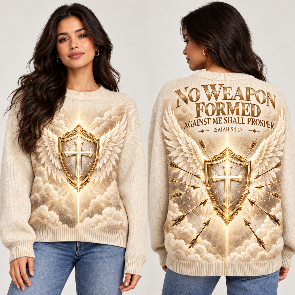 Ivory No Weapon Formed Women’s Wool Sweater – Isaiah 54:17