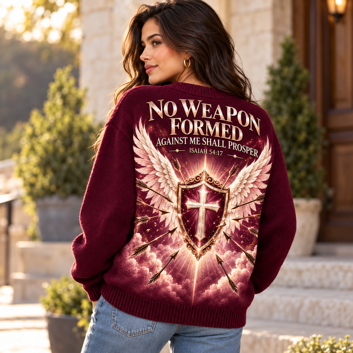 Burgundy No Weapon Formed Women’s Wool Sweater – Isaiah 54:17