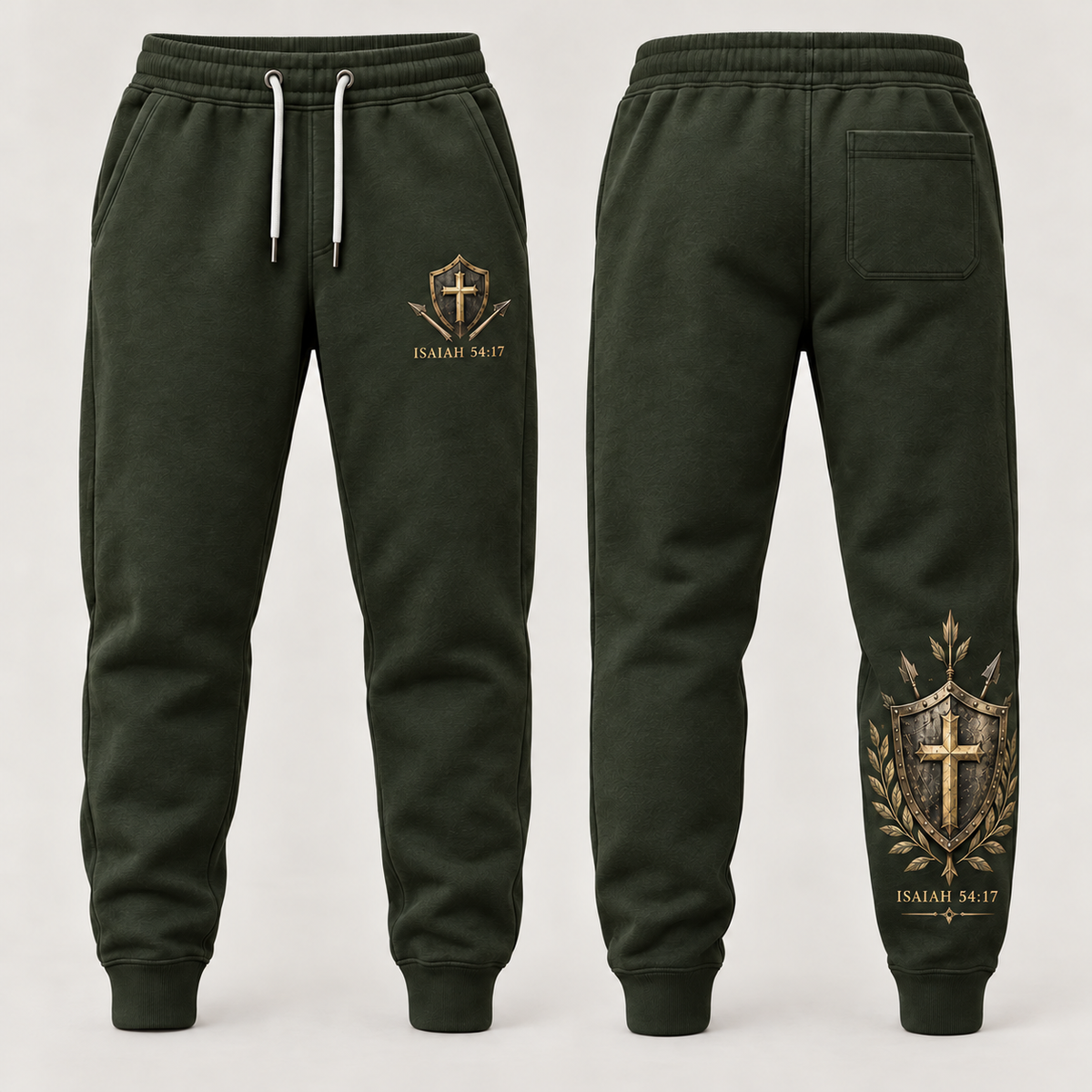 No Weapon Formed – Shield of Victory Olive Green Christian Sweatpants