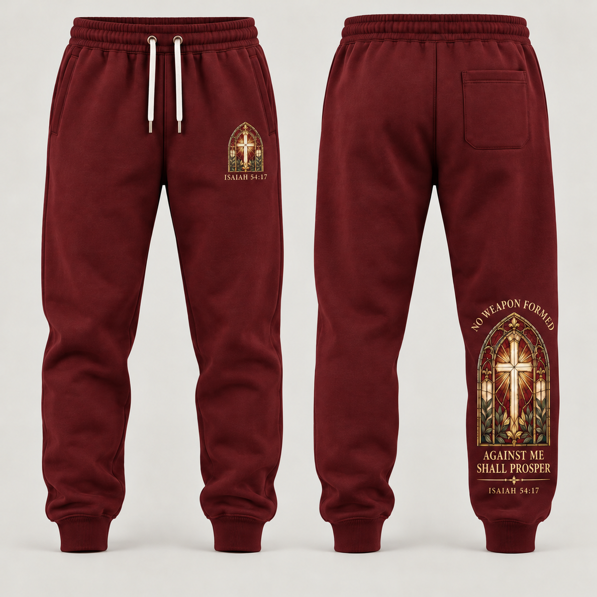 No Weapon Formed – Sanctuary Cross Burgundy Christian Sweatpants