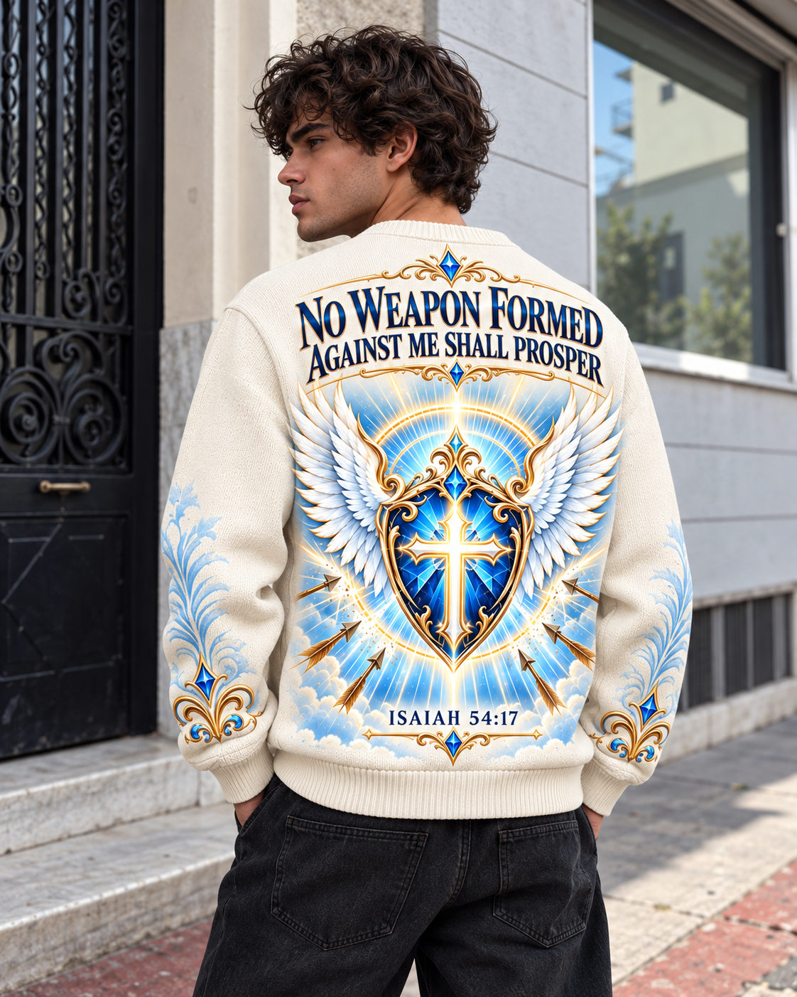 No Weapon Formed – Heavenly Armor Ivory Christian Sweater