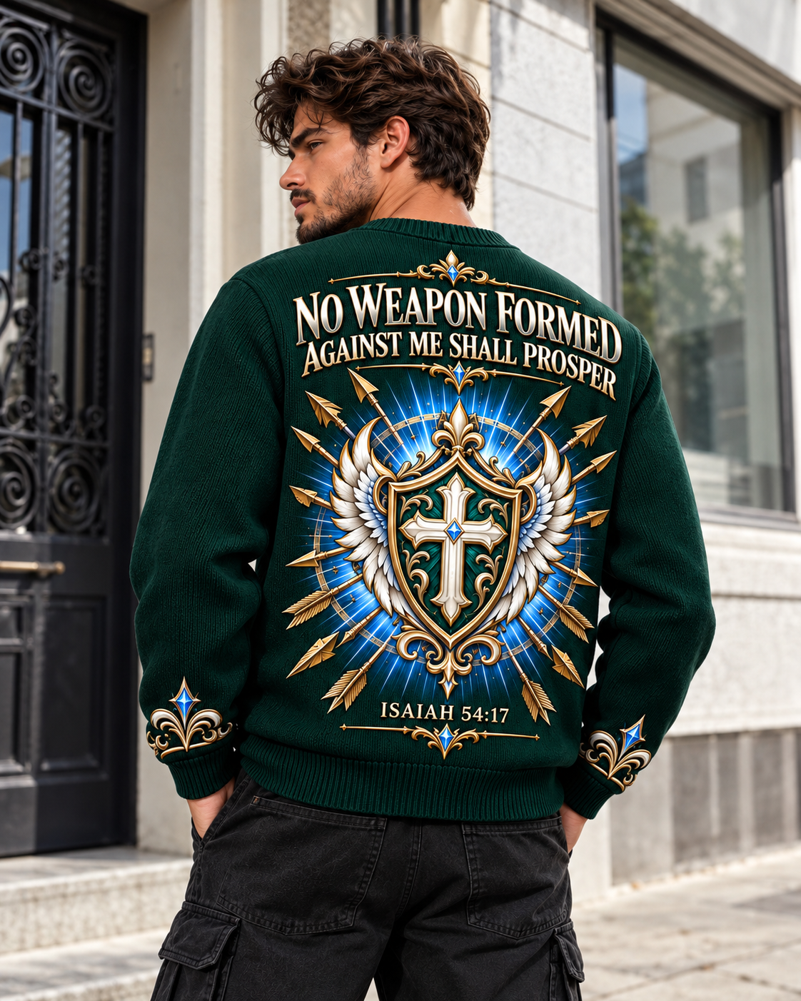 No Weapon Formed – Guardian Shield Emerald Green Christian Sweater