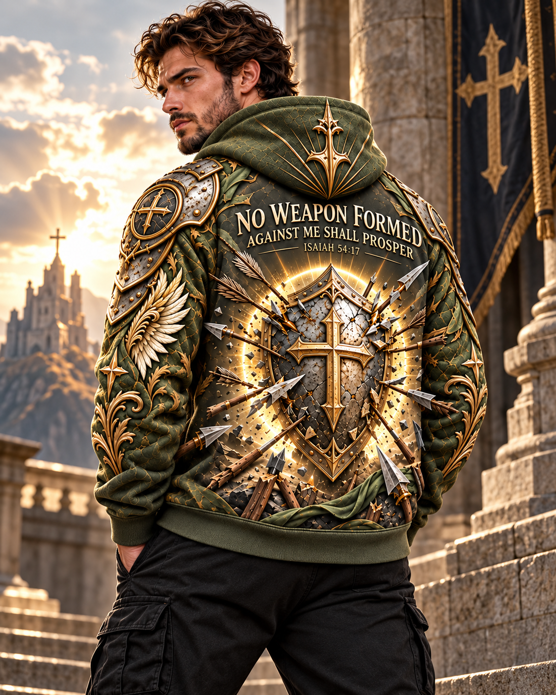 No Weapon Formed Warrior Shield Christian Hoodie – Olive Green