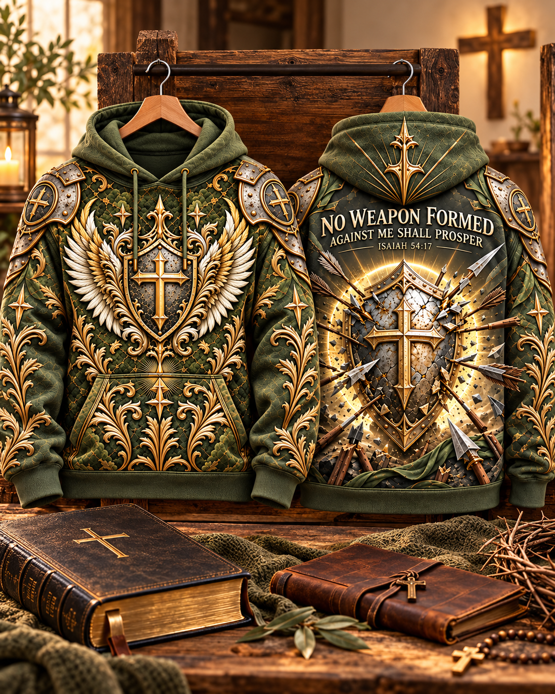 No Weapon Formed Warrior Shield Christian Hoodie – Olive Green