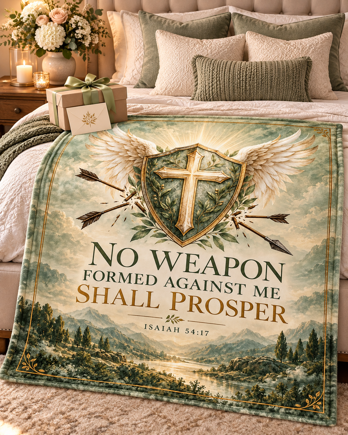 No Weapon Formed – Graceful Protection Sage Green Christian Blanket