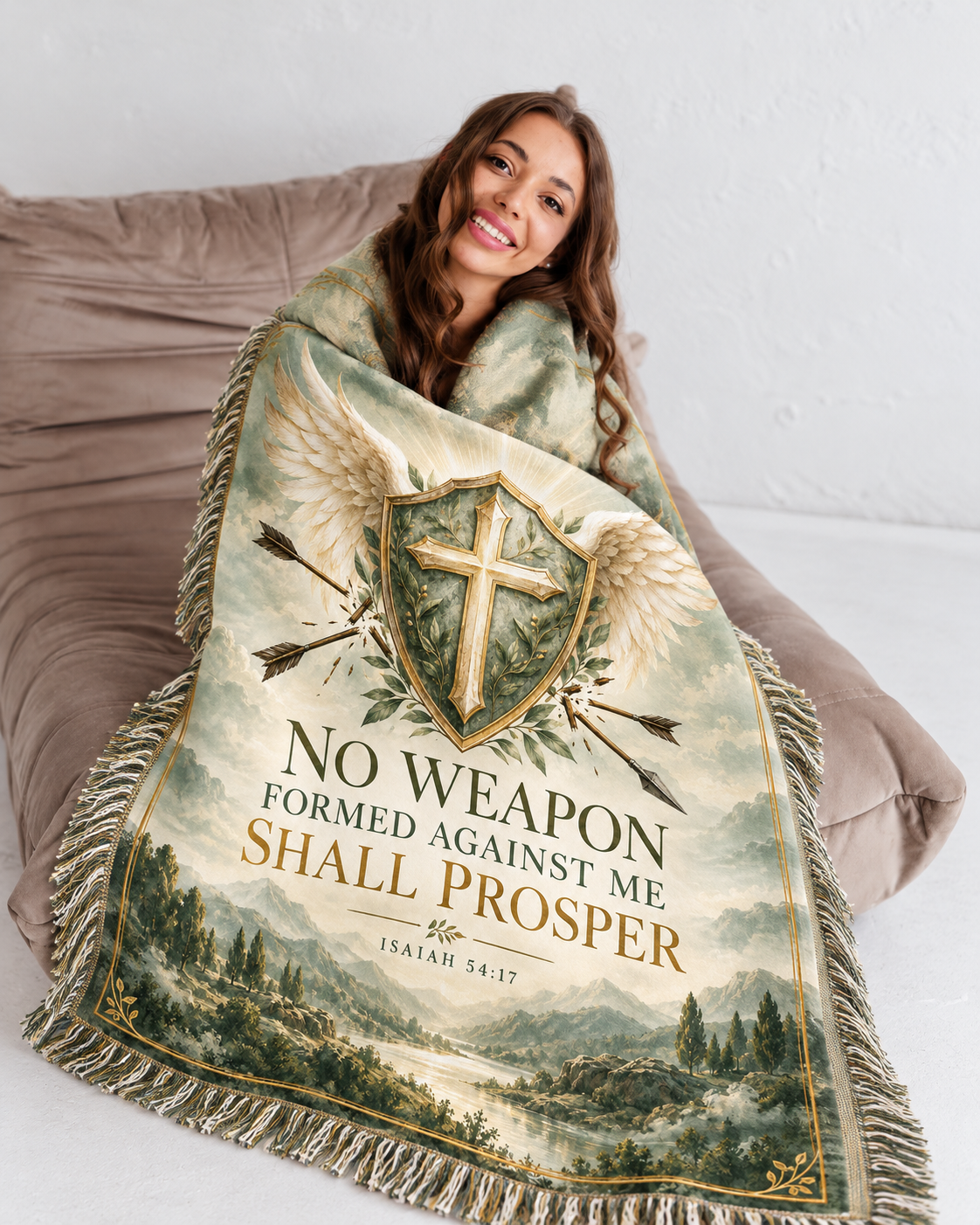 No Weapon Formed – Graceful Protection Sage Green Christian Blanket