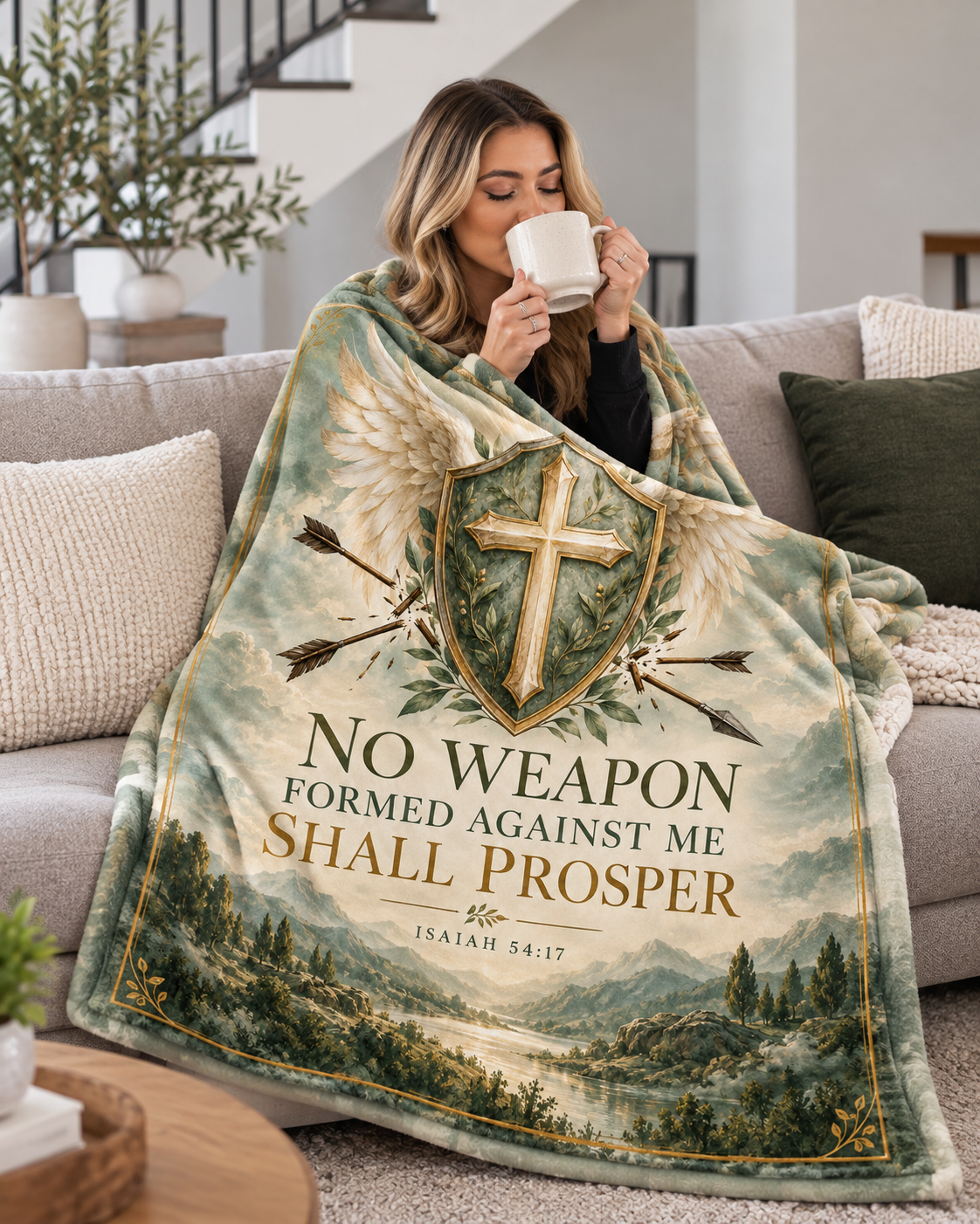 No Weapon Formed – Graceful Protection Sage Green Christian Blanket