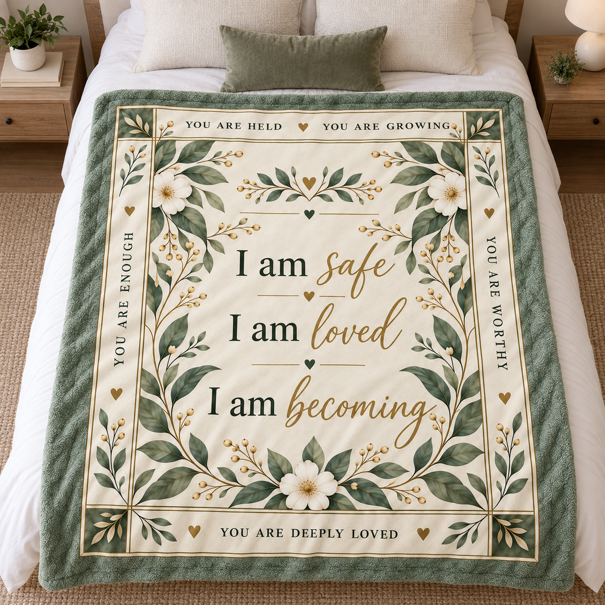 Wrapped in Affirmations – Sage Serenity Botanical Blanket | Self Love Gift