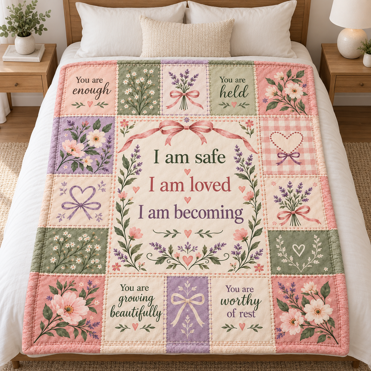 Wrapped in Affirmations – Patchwork of Love Blanket | Cozy Self Love Gift for Her