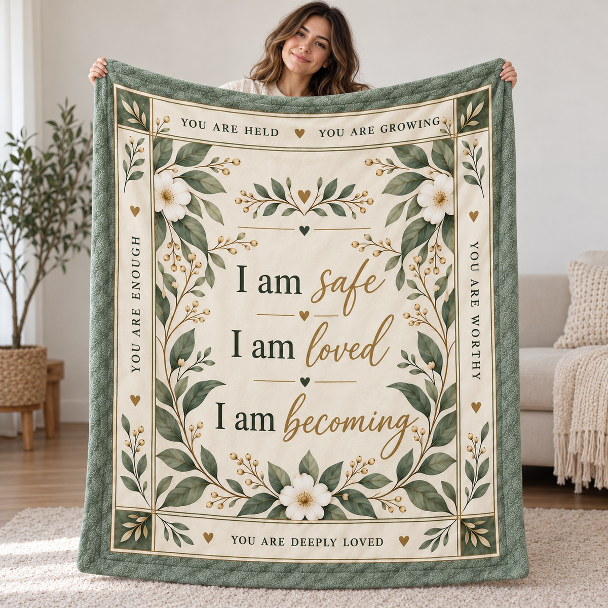 Wrapped in Affirmations – Sage Serenity Botanical Blanket | Self Love Gift