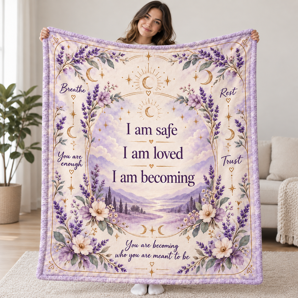 Wrapped in Affirmations – Lavender Embrace Blanket | Inspirational Gift for Her