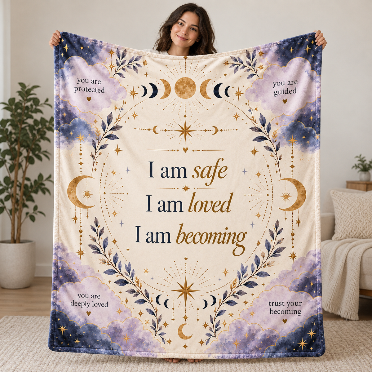 Wrapped in Affirmations – Celestial Comfort Blanket | Moon and Stars Self Love Gift