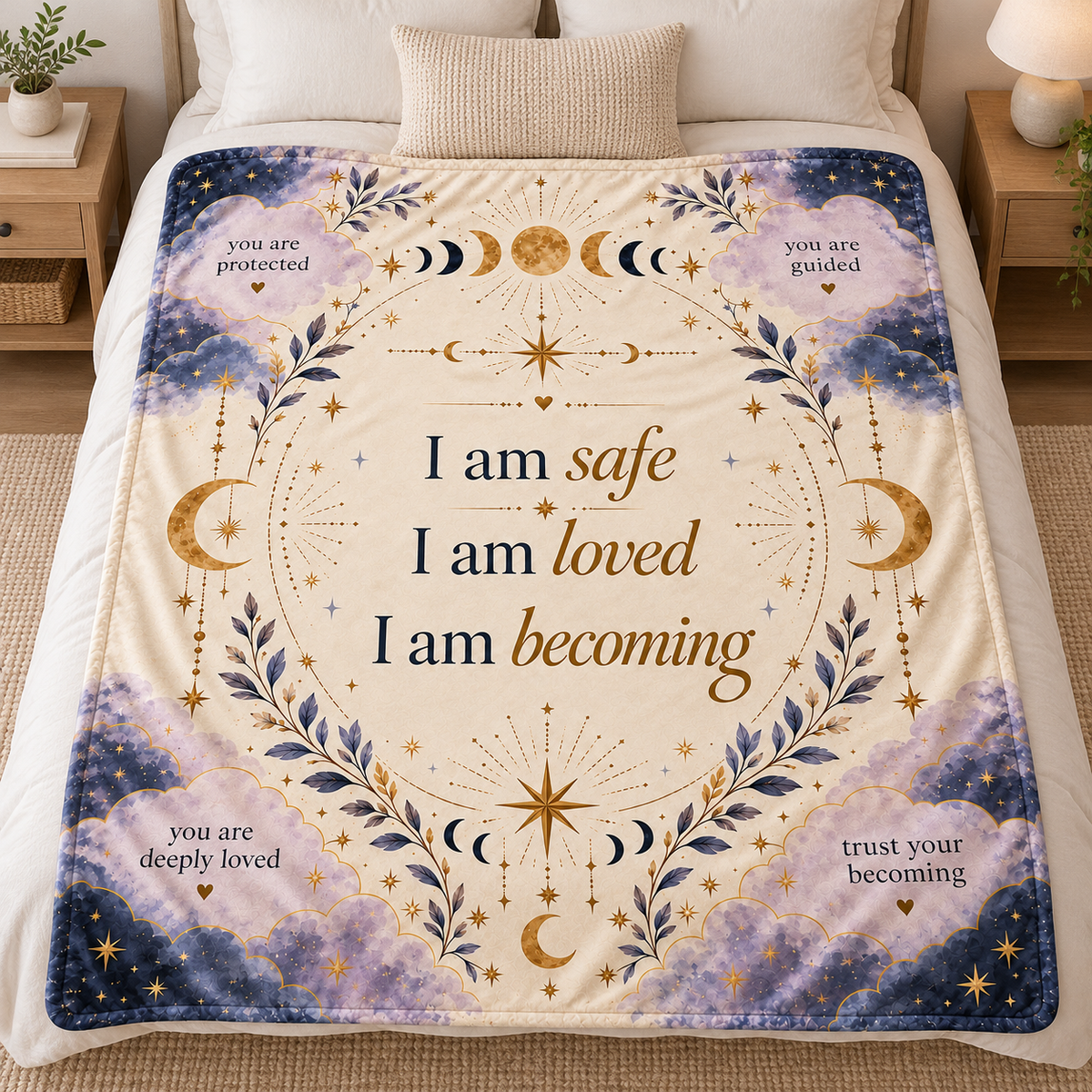 Wrapped in Affirmations – Celestial Comfort Blanket | Moon and Stars Self Love Gift