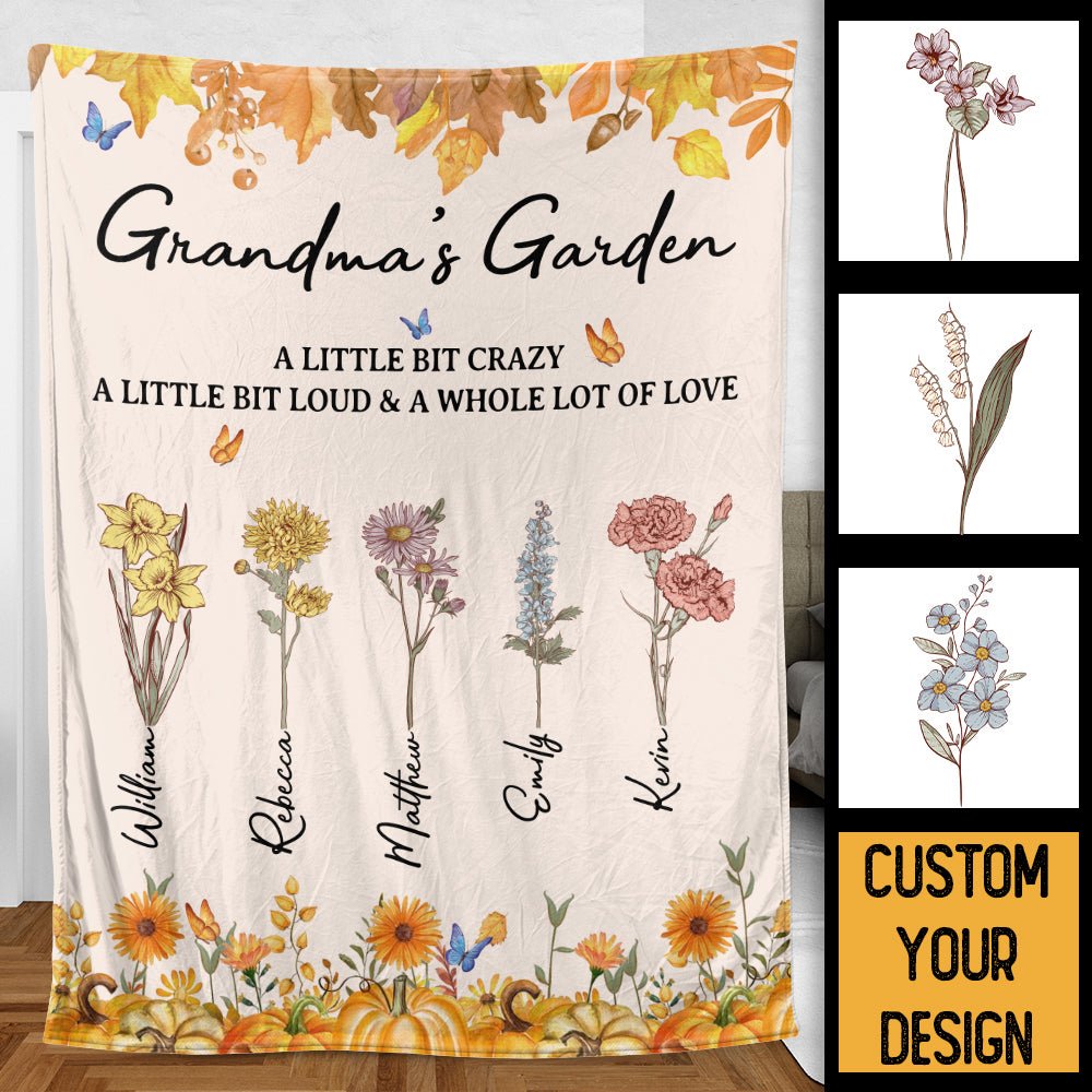 Fall Grandma With Flower Kids - Personalized Blanket - Best Gift For Autumn, For Grandma, Mom - Giftago