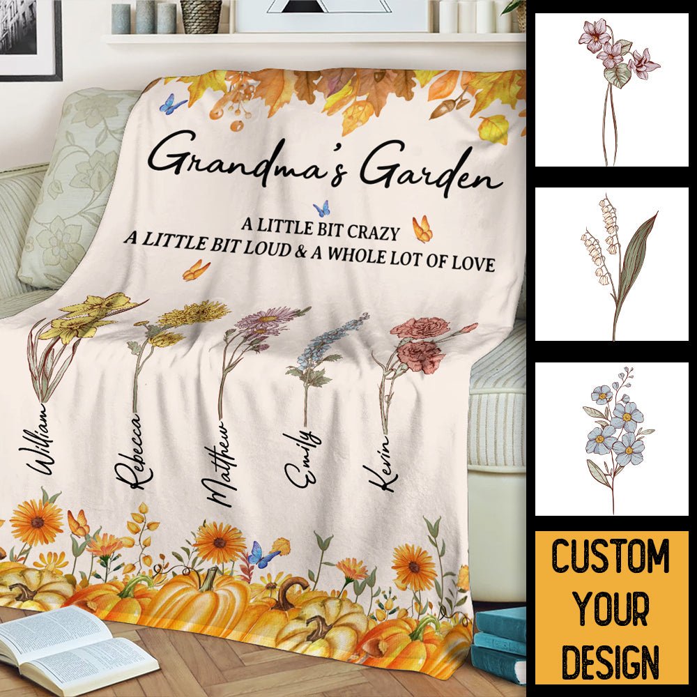 Fall Grandma With Flower Kids - Personalized Blanket - Best Gift For Autumn, For Grandma, Mom - Giftago