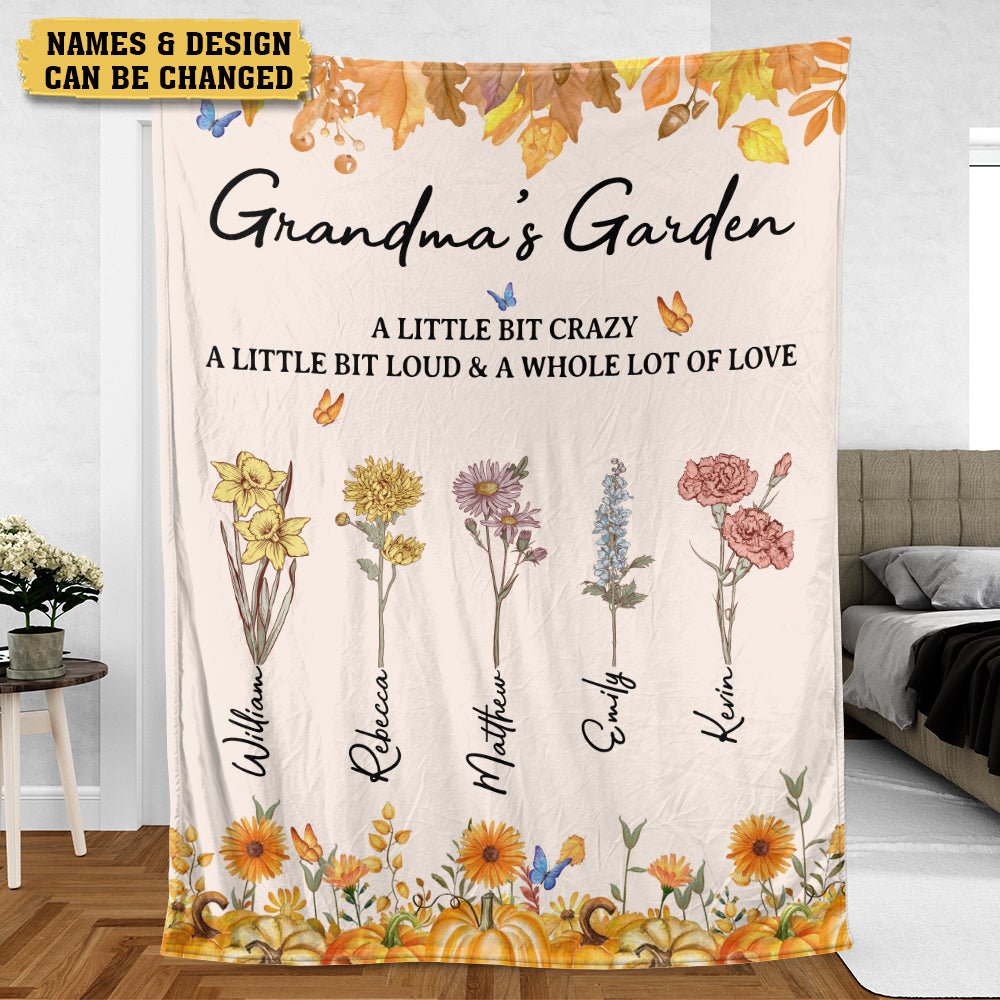 Fall Grandma With Flower Kids - Personalized Blanket - Best Gift For Autumn, For Grandma, Mom - Giftago