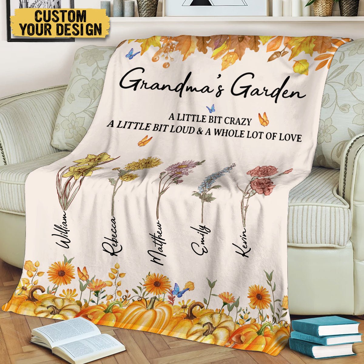 Fall Grandma With Flower Kids - Personalized Blanket - Best Gift For Autumn, For Grandma, Mom - Giftago
