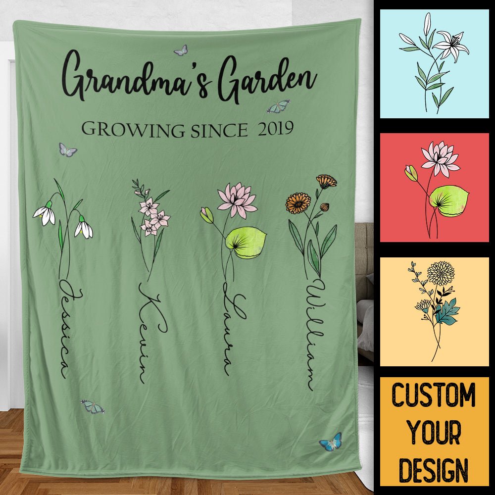 Grandma's Garden Birth Flower - Personalized Blanket - Best Gift For Grandma - Giftago
