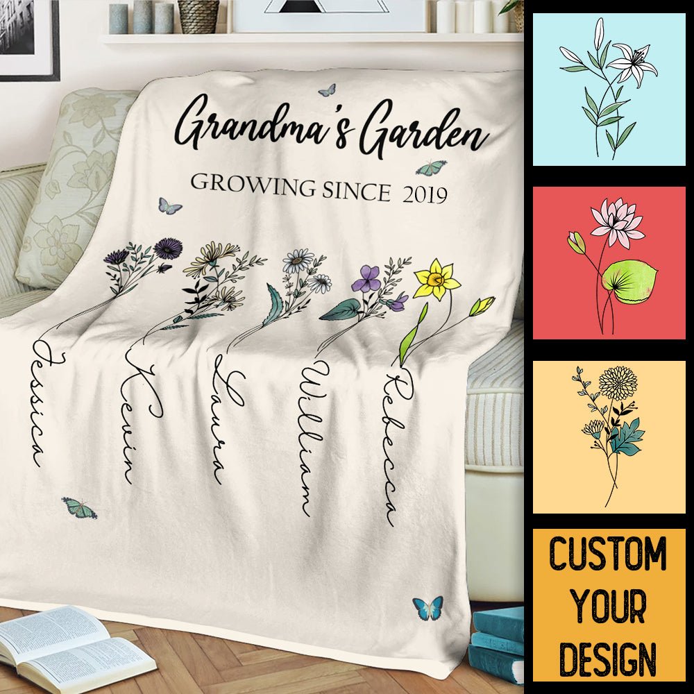 Grandma's Garden Birth Flower - Personalized Blanket - Best Gift For Grandma - Giftago